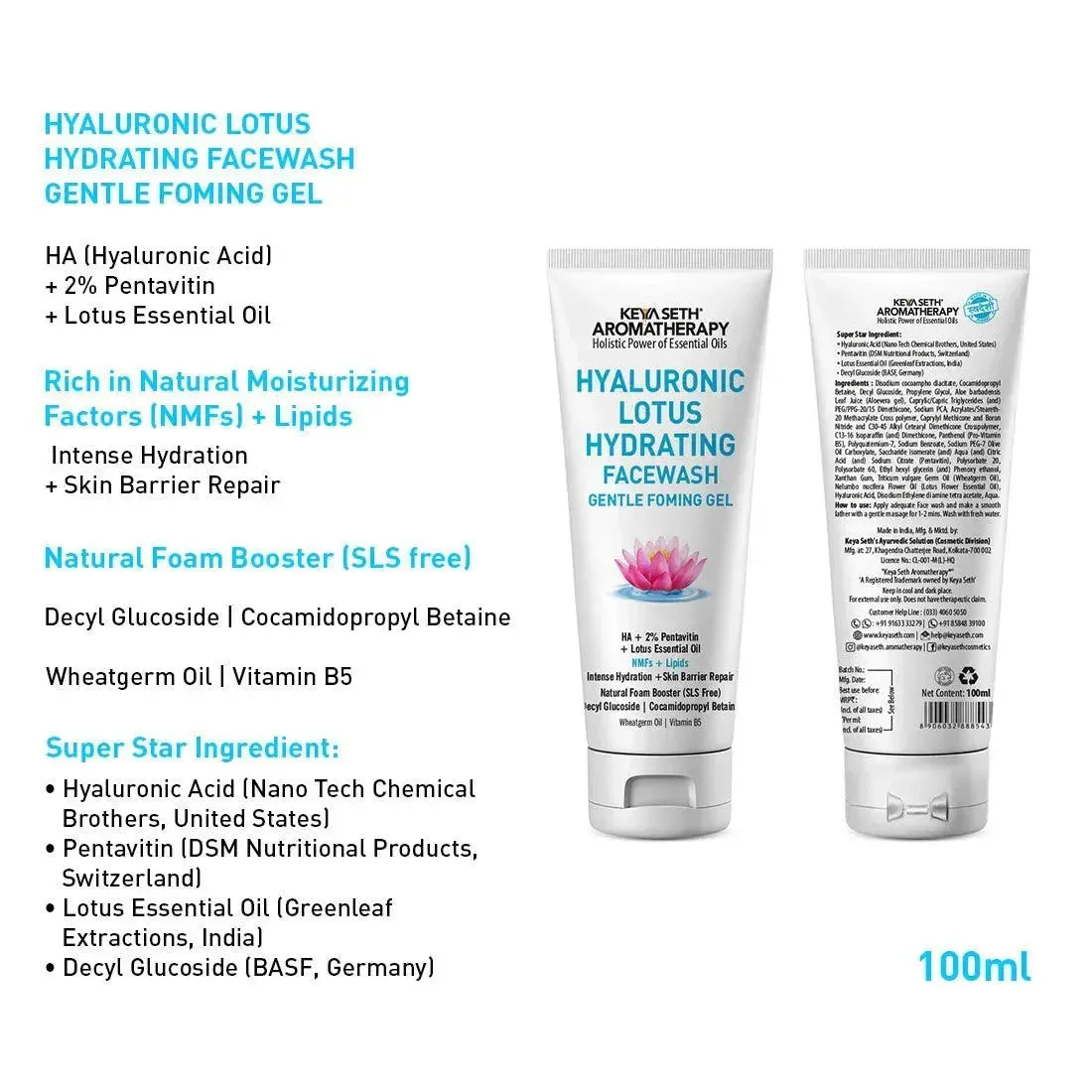 Hyaluronic Lotus Hydrating Facewash, 2 % Pentavitin   Natural Glucoside Foaming, NMFs   Lipids, Skin Barrier Repair, Gentle SLS Free
