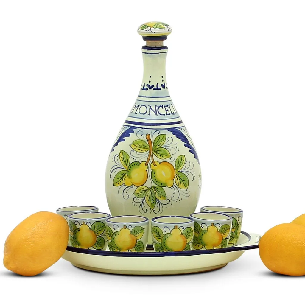LIMONCELLO: Limoncello Set with Blue trimmings - Bottle with stopper and Tray and 6 Shot Glasses -  (Limocello liquor not included)