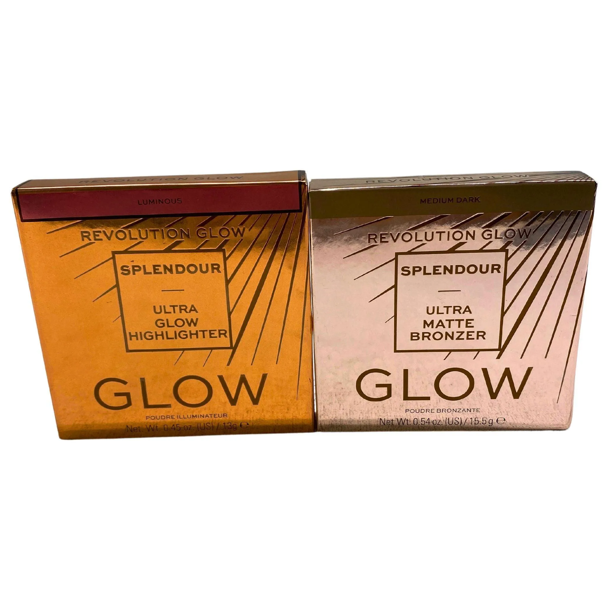 Revolution Glow Splendour Luminous Ultra Glow Highlighter 0.45 OZ and Medium Dark Ultra Matte Bronzer 0.54 OZ (30 Pcs Lot)