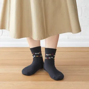 Smooth-heel socks double-layer wool blend [Flowers & lines] - 751
